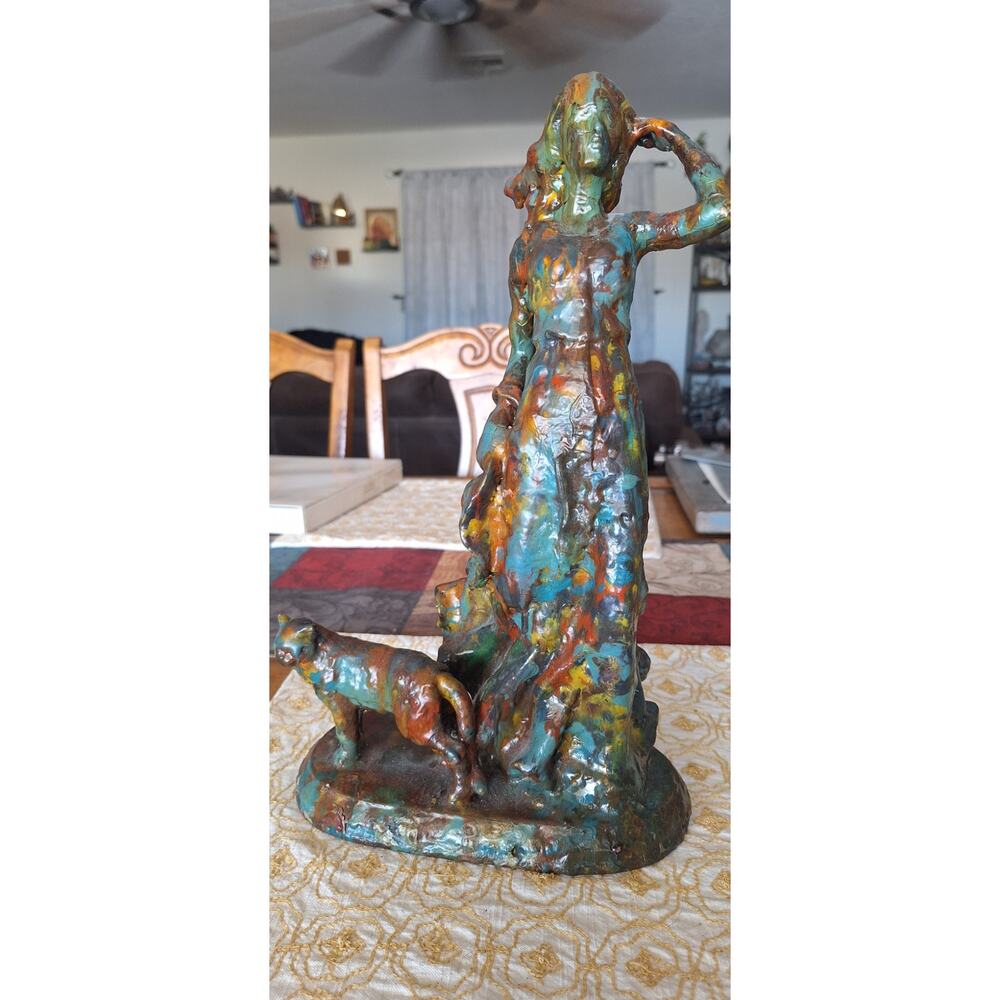 R.C. Spurlock Signed Sculpture Woman With Feline 2005 One of a Kind Art